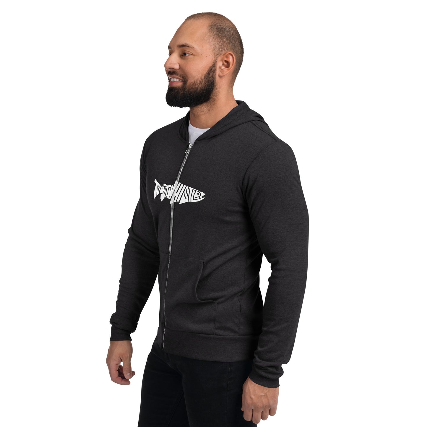 TroutWhistler - Men's Hoodie Zip Hoodie | I'm Hooked On TroutWhistler - Grey w/ White Logos