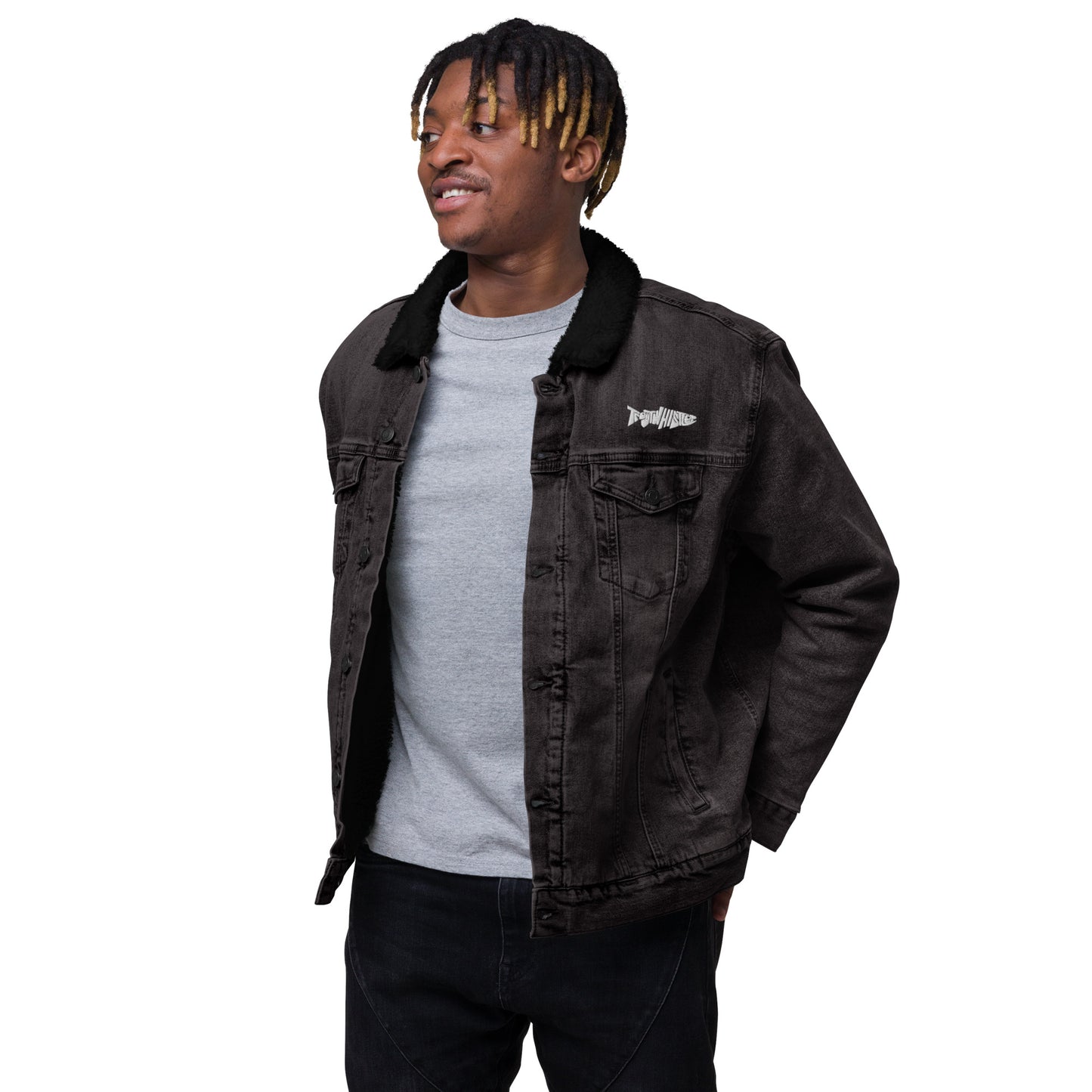 TroutWhistler - Unisex Denim Sherpa Jacket | Dark w/ White Logo