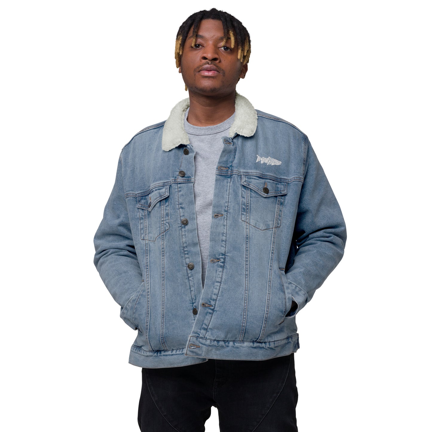 TroutWhistler - Unisex Denim Sherpa Jacket | Dark w/ White Logo