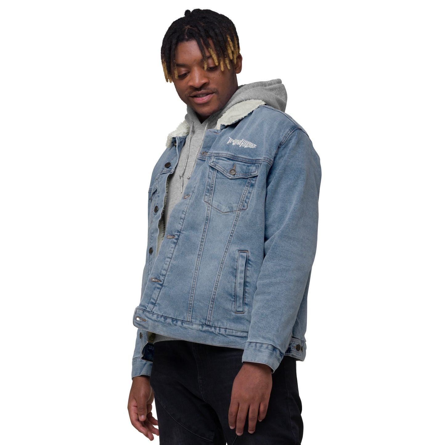 TroutWhistler - Unisex Denim Sherpa Jacket | Dark w/ White Logo